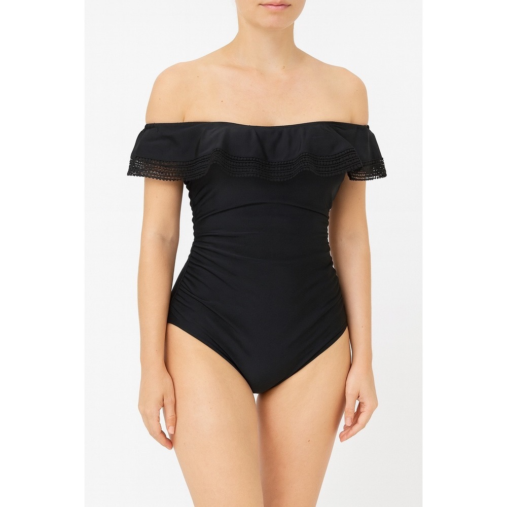 Kona‎ Sol Womens Black Crochet Ruffle Bandeau One Piece Swimsuit M